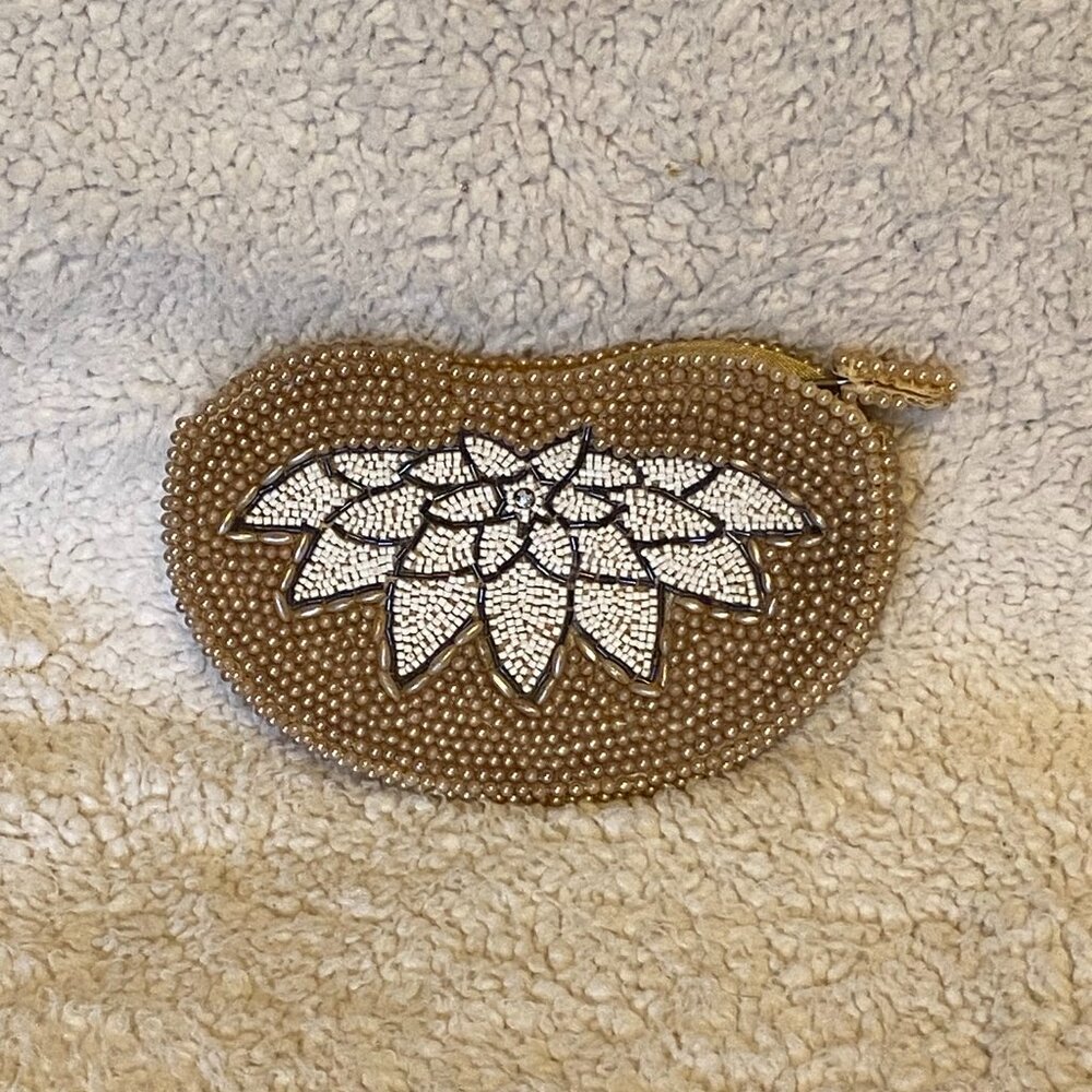 Vintage Beaded Floral Clutch – Champagne & Ivory Evening Bag